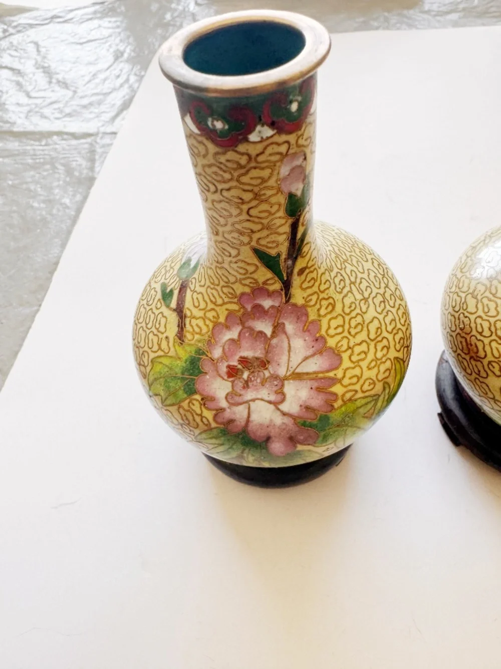 Vintage 1970s Chinese Cloisonne Brass Vases Pair 4